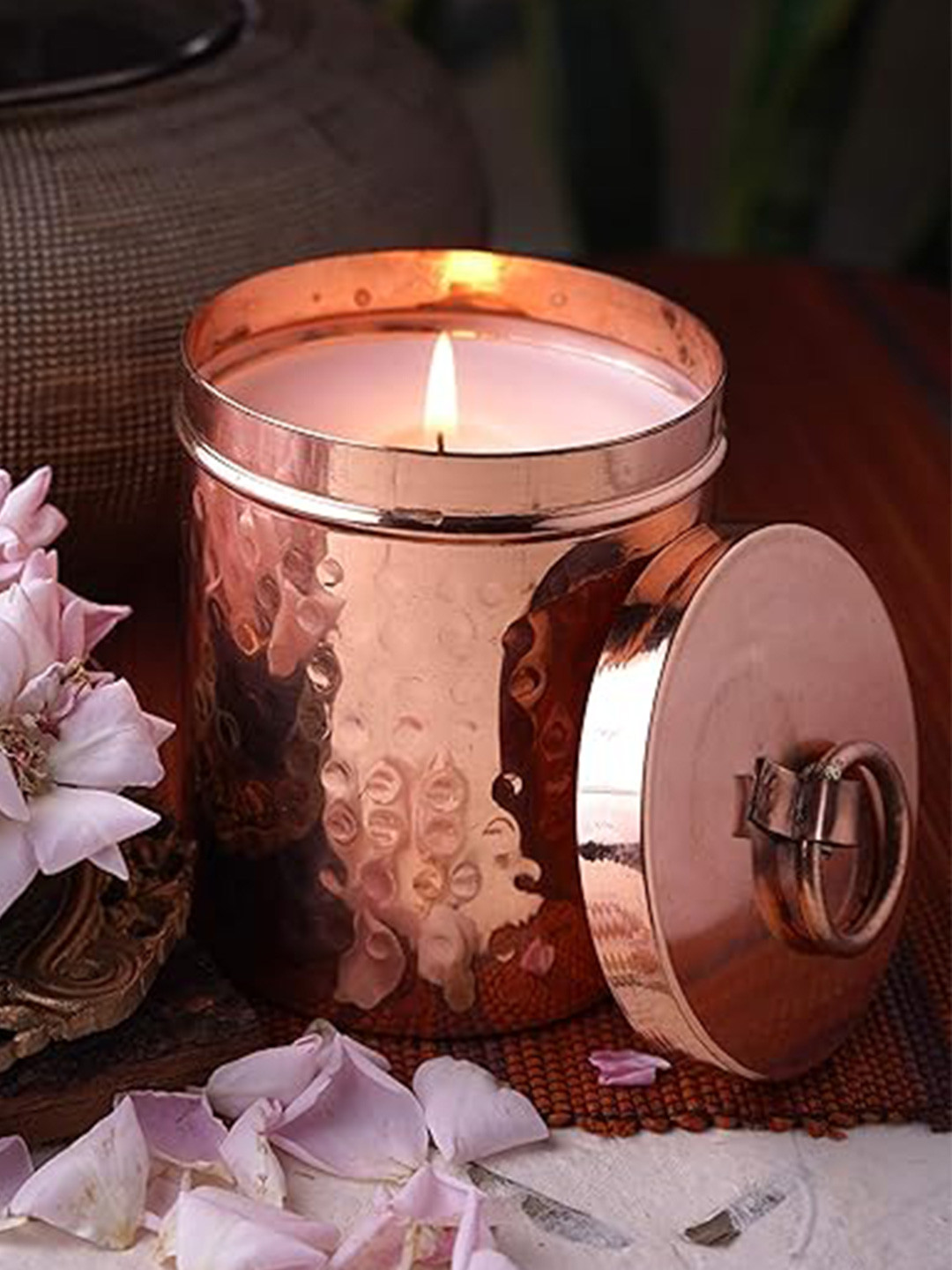 OHRIA AYURVEDA Luxury Copper Candle Rose and Oudh Solid Geometric Regular Jar Candles