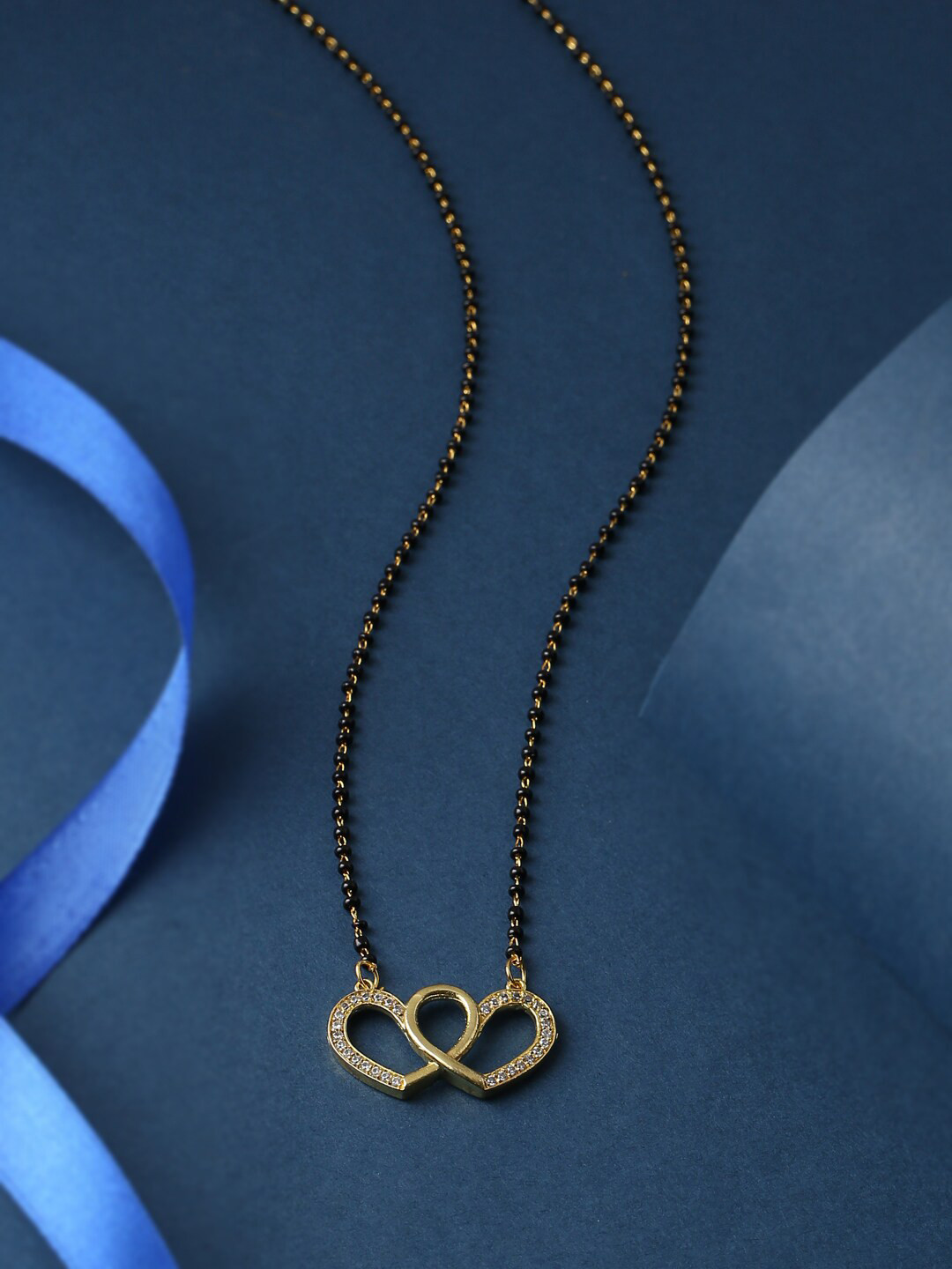 THE AAB STUDIO Gold-Plated Black Beaded & Heart Shaped White AD Stone Studded Mangalsutra