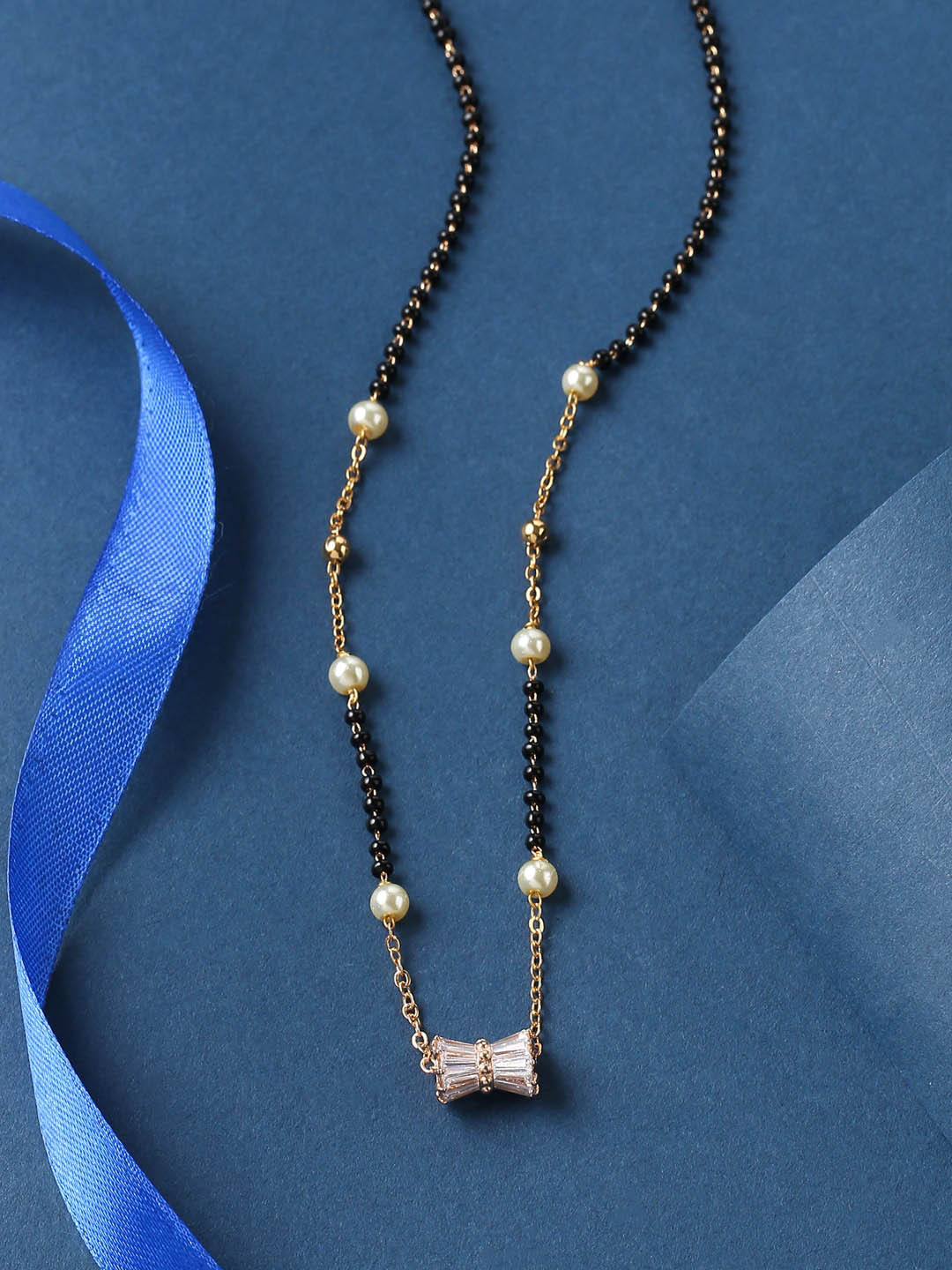 THE AAB STUDIO Gold-Plated Black & White Beaded & AD-Studded Mangalsutra