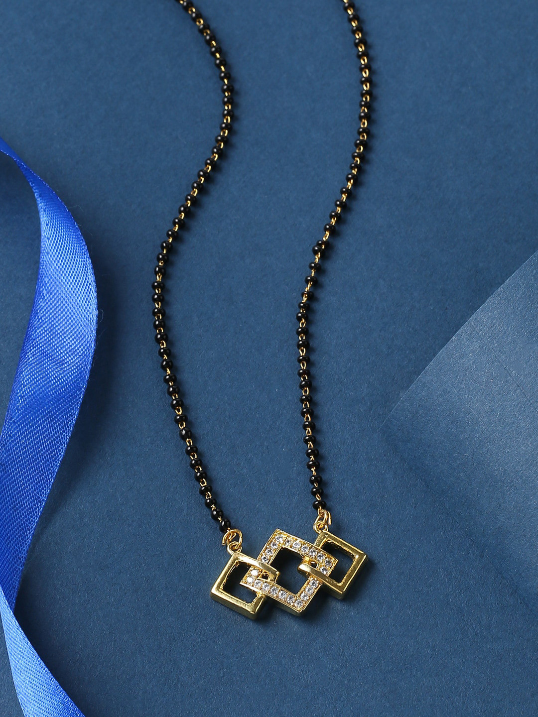 THE AAB STUDIO Gold-Plated Black & White Beaded & AD-Studded Mangalsutra