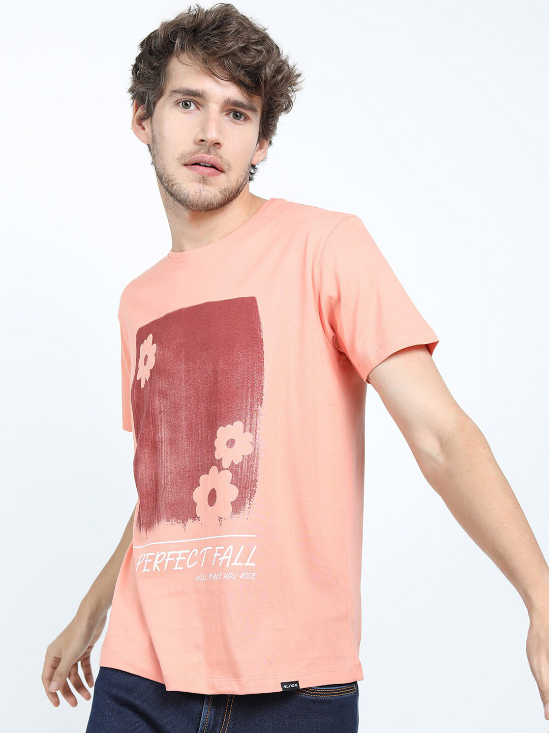HIGHLANDER Men Coral Pink Printed Slim Fit Cotton T-shirt
