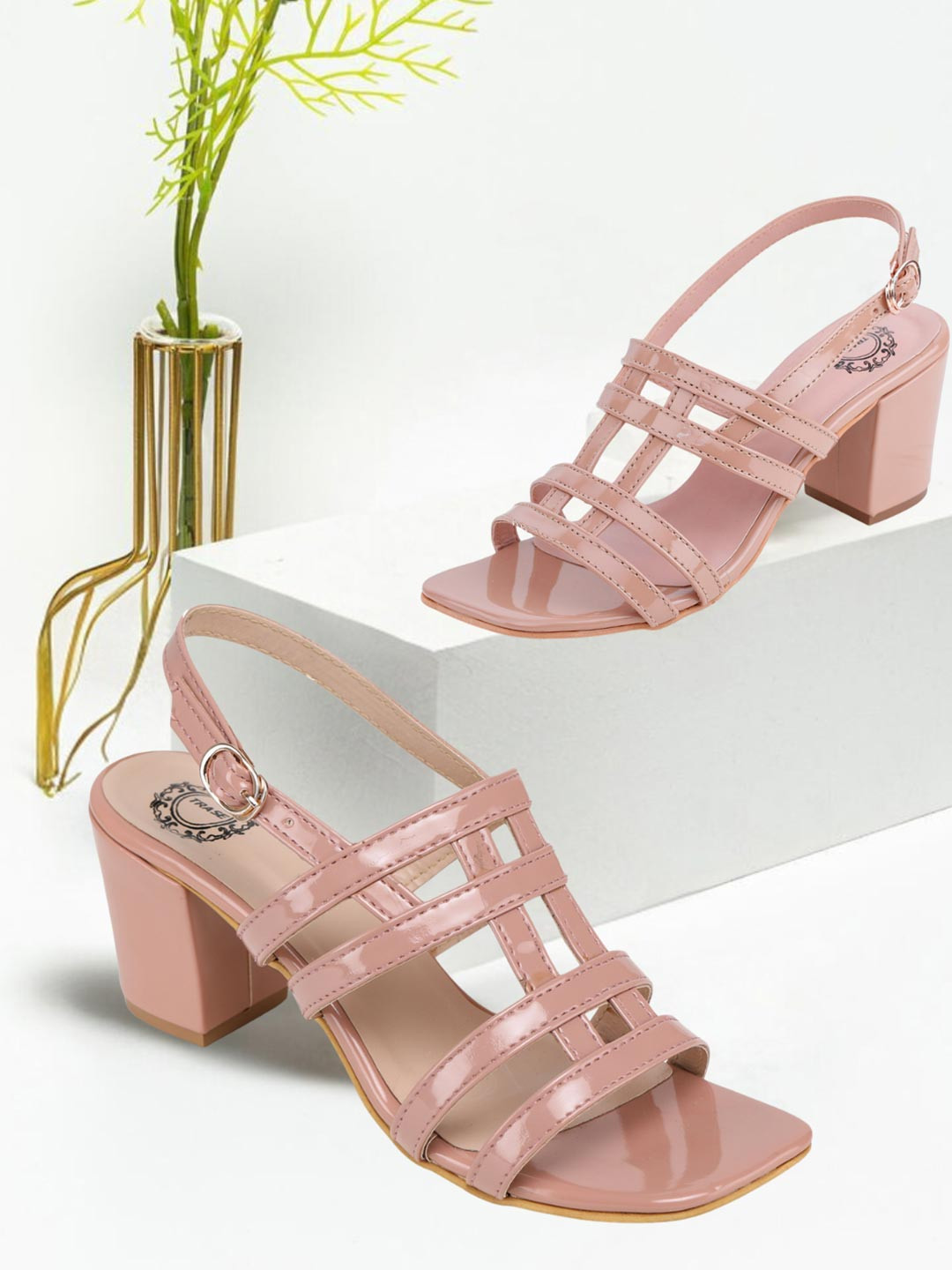 TRASE Peach-Coloured Block Sandals with Buckles