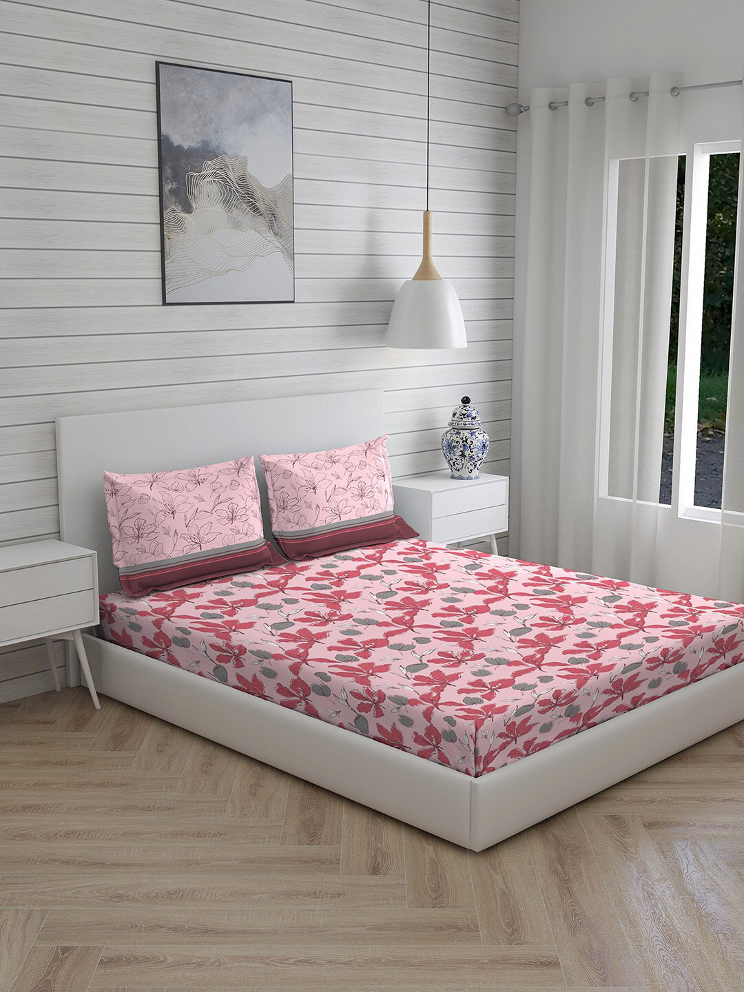 Layers Pink & Grey Floral 230 TC Queen Bedsheet with 2 Pillow Covers