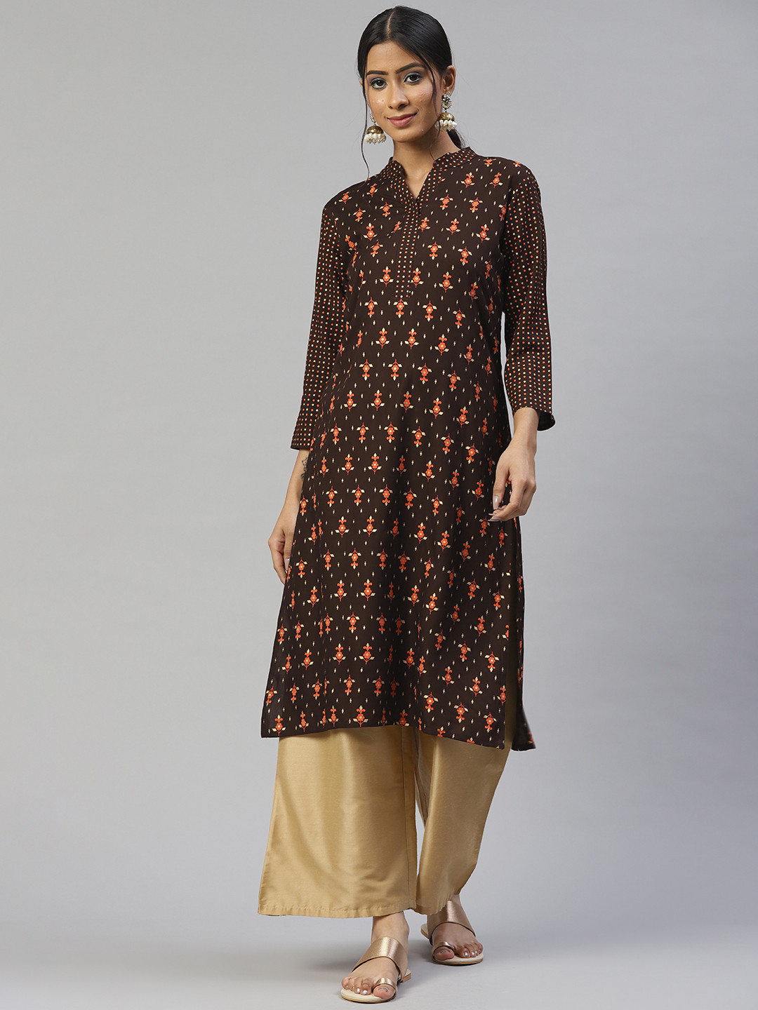SVARCHI Women Brown & Rust Orange Ethnic Motifs Printed Straight Kurta