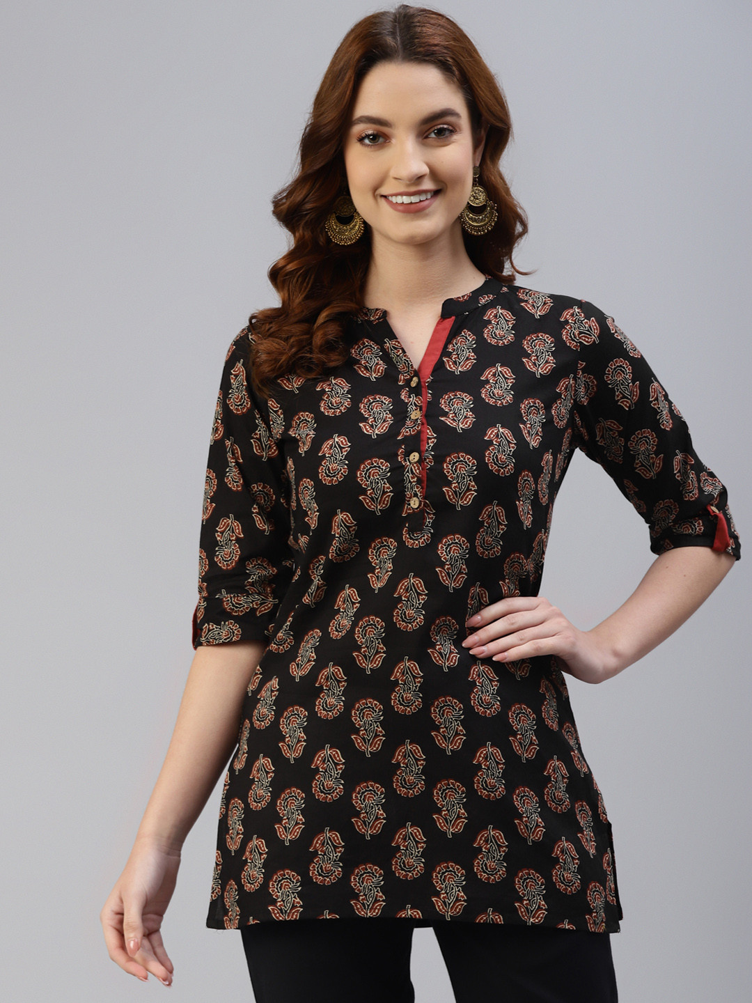 SVARCHI Women Black & Maroon Ethnic Motifs Printed Kurti