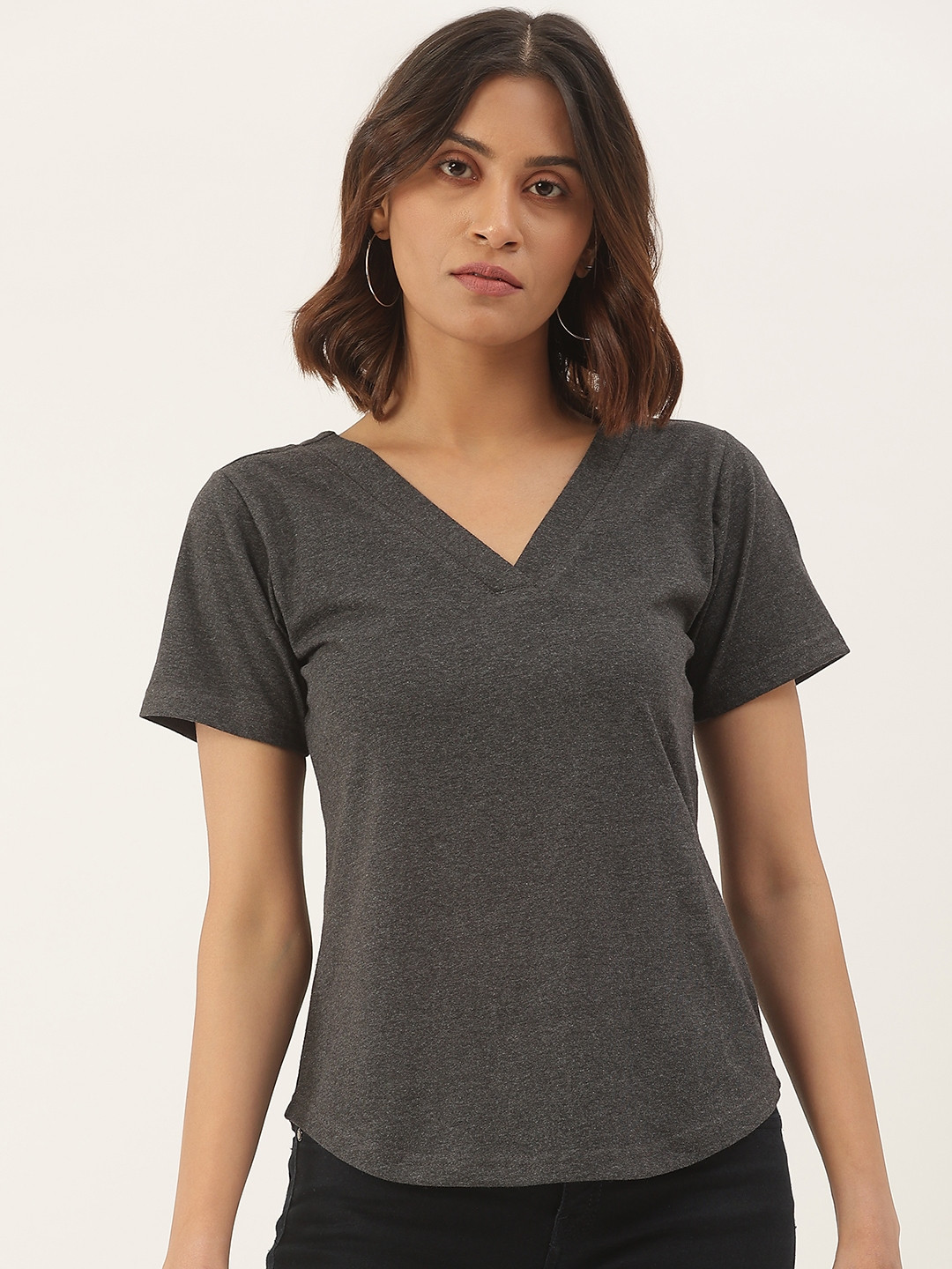 BRINNS Women Charcoal Grey V-Neck Cotton T-shirt