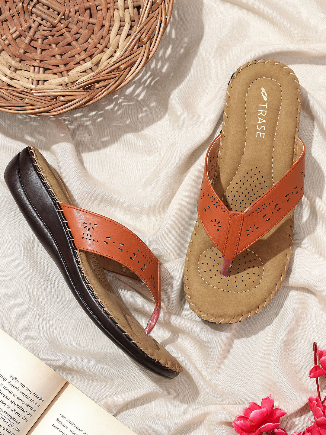 TRASE Tan Brown Laser Cut Comfort Flats