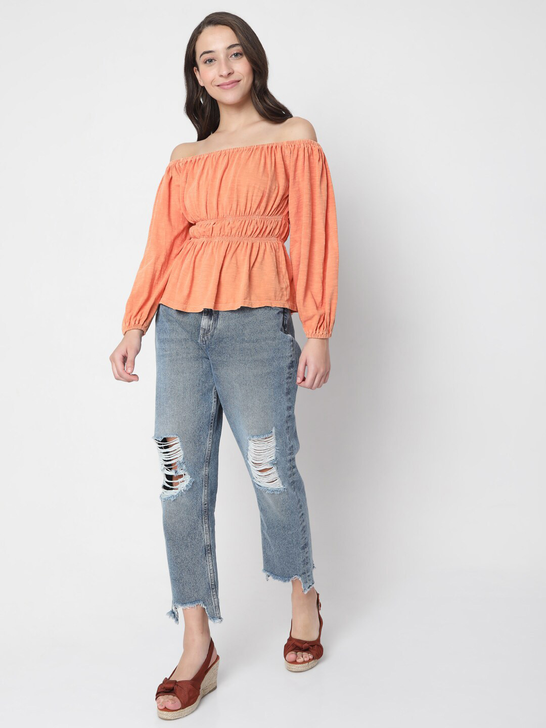 Vero Moda Orange Off-Shoulder Pure Cotton Top