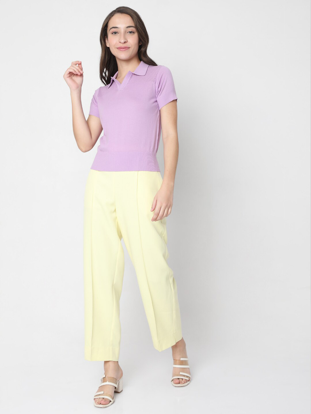 Vero Moda Women Lavender Polo Collar Pure Cotton T-shirt