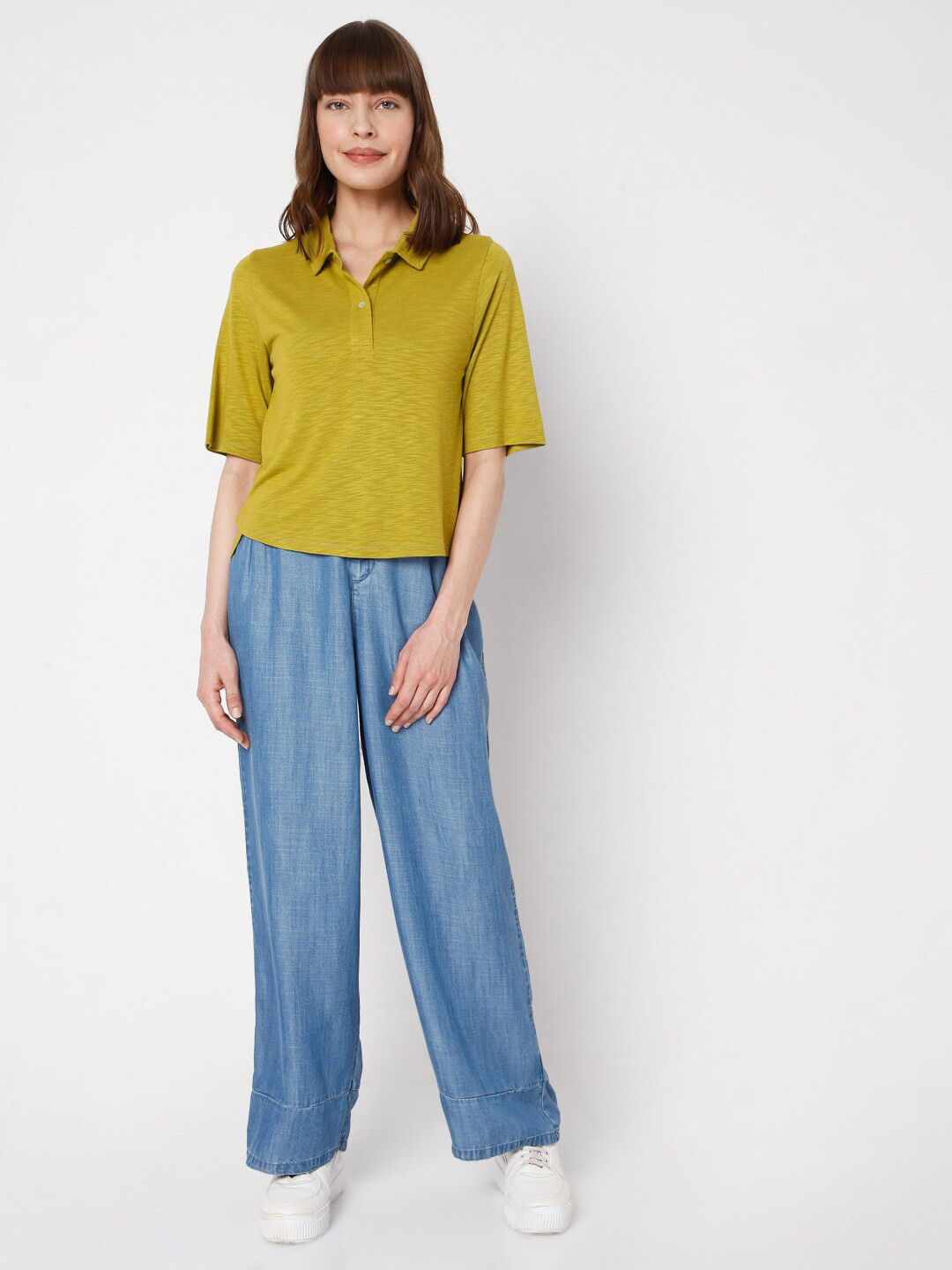 Vero Moda Women Green Printed Polo Collar T-shirt