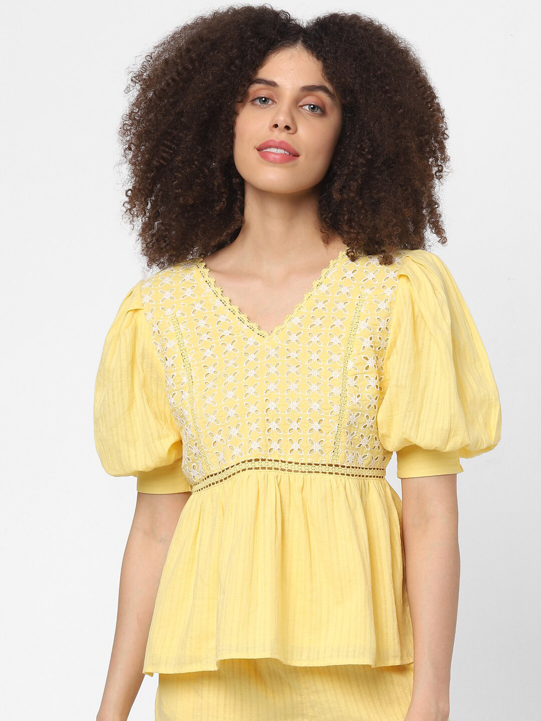 ONLY Yellow Geometric Self Design Puff Sleeves Top
