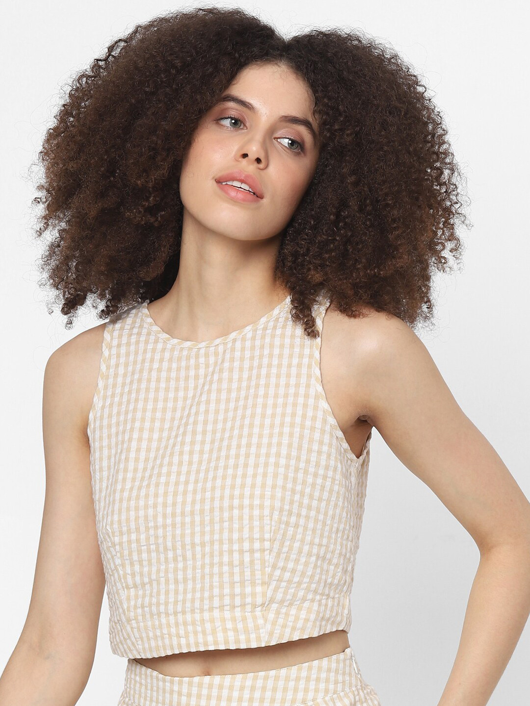 ONLY Beige & White Checked Crop Top