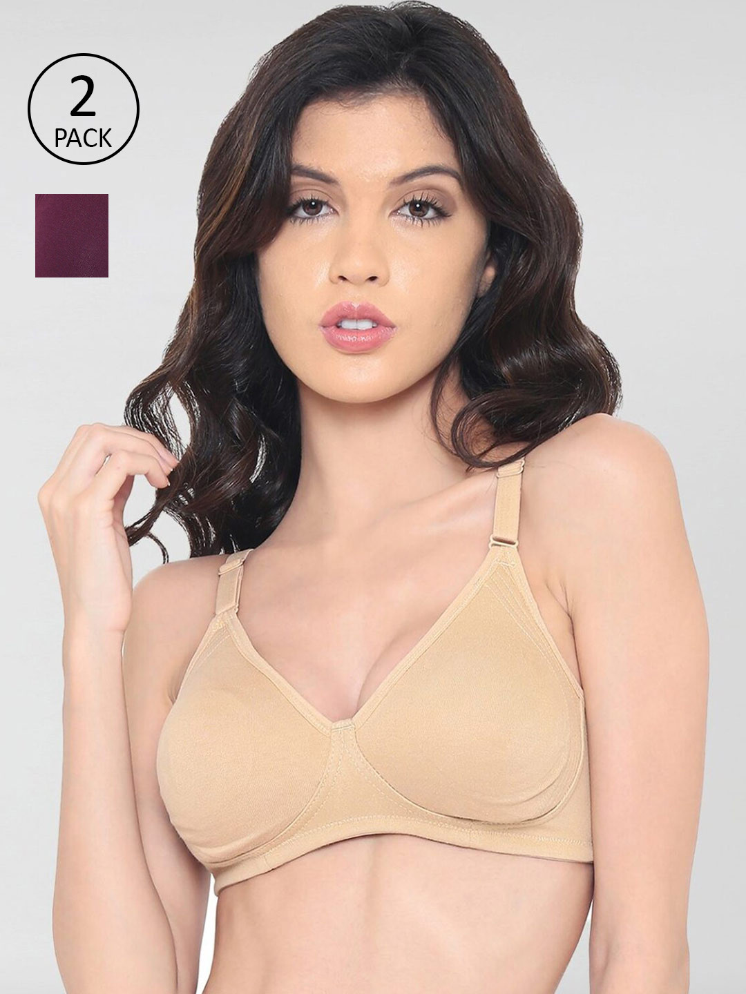 laavian Pack Of 2 Beige & Purple T-Shirt Bras - Wireless Non-Padded