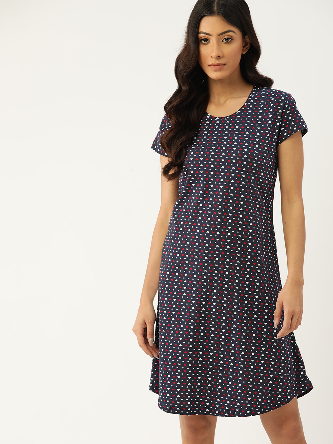 ETC Women Blue & White Pure Cotton Heart Print Nightdress