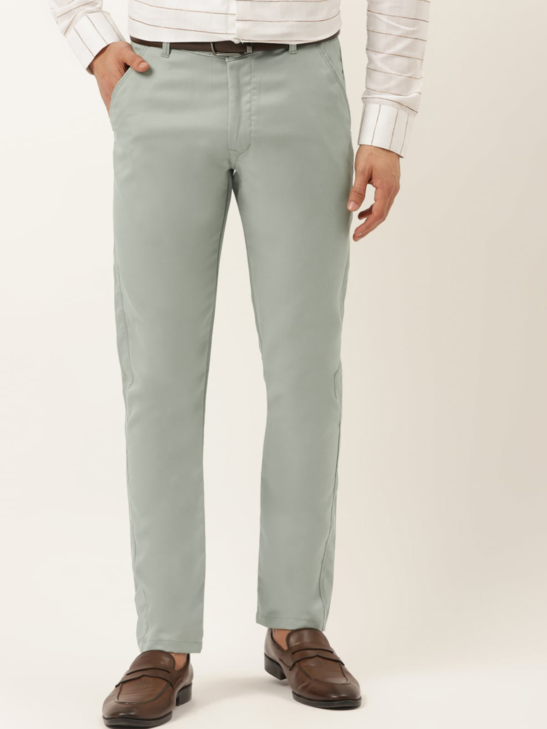 JAINISH Men Sage Green Smart Slim Fit Easy Wash Trousers