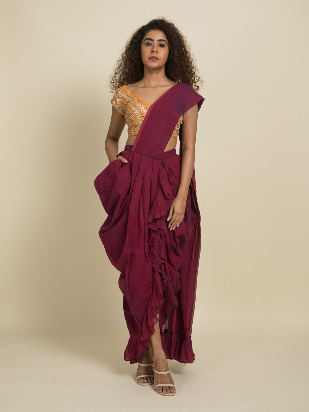 Suta Burgundy Pre-Draped Pure Cotton Saree