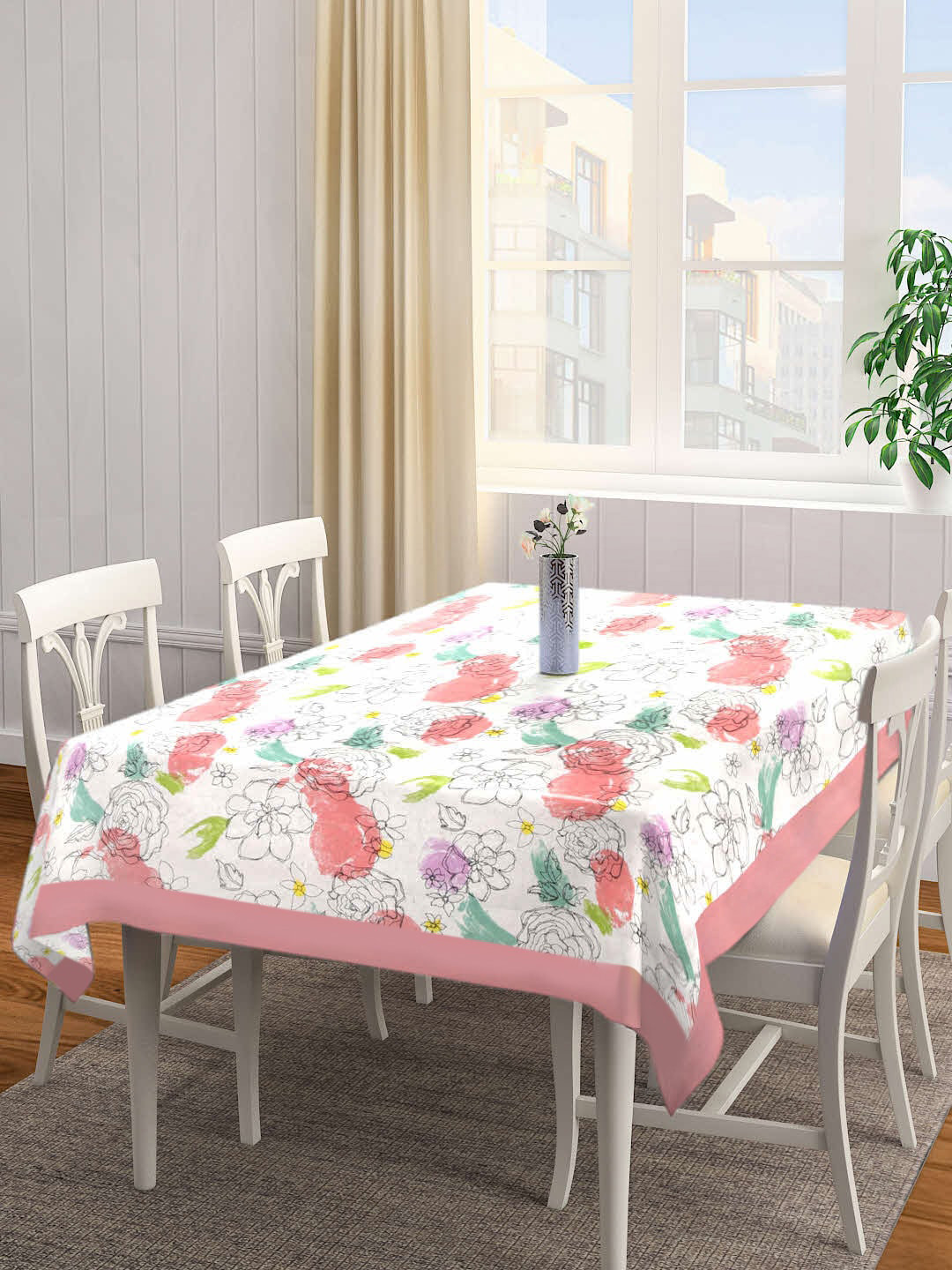 SHADES of LIFE White & Pink Printed Table Cover