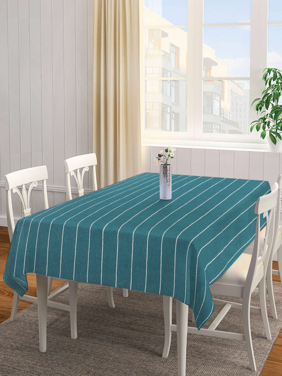 SHADES of LIFE Green Striped 4-Seater Cotton Table Cover