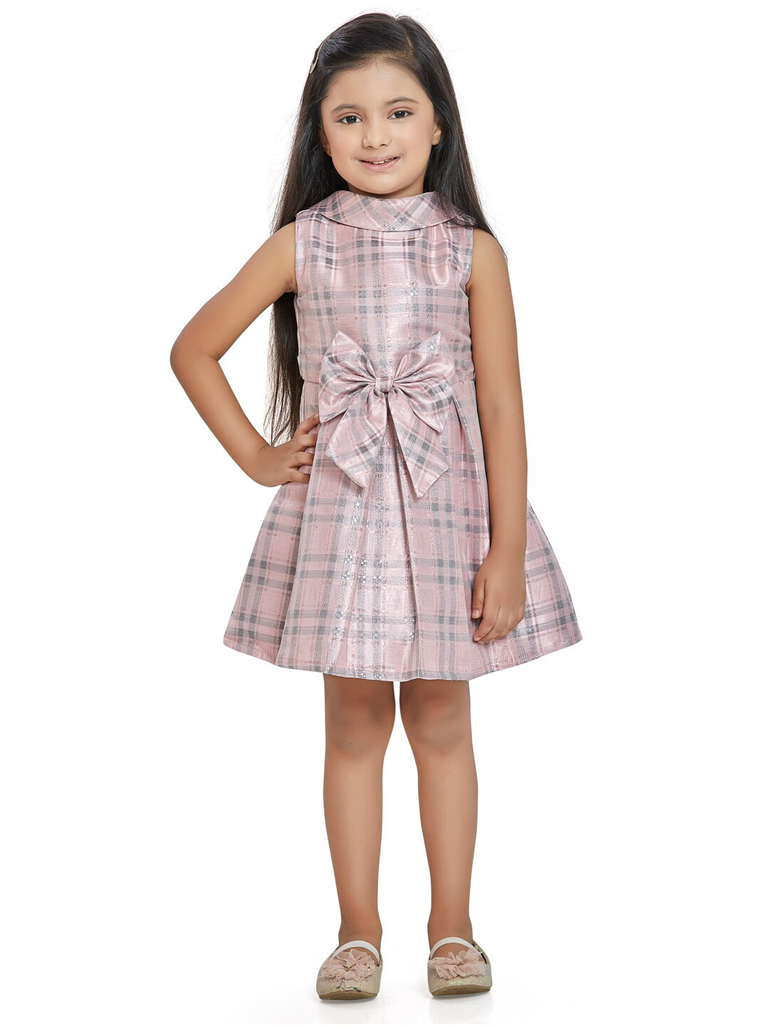 Peppermint Pink & Grey Checked Box Pleated Jacquard Dress