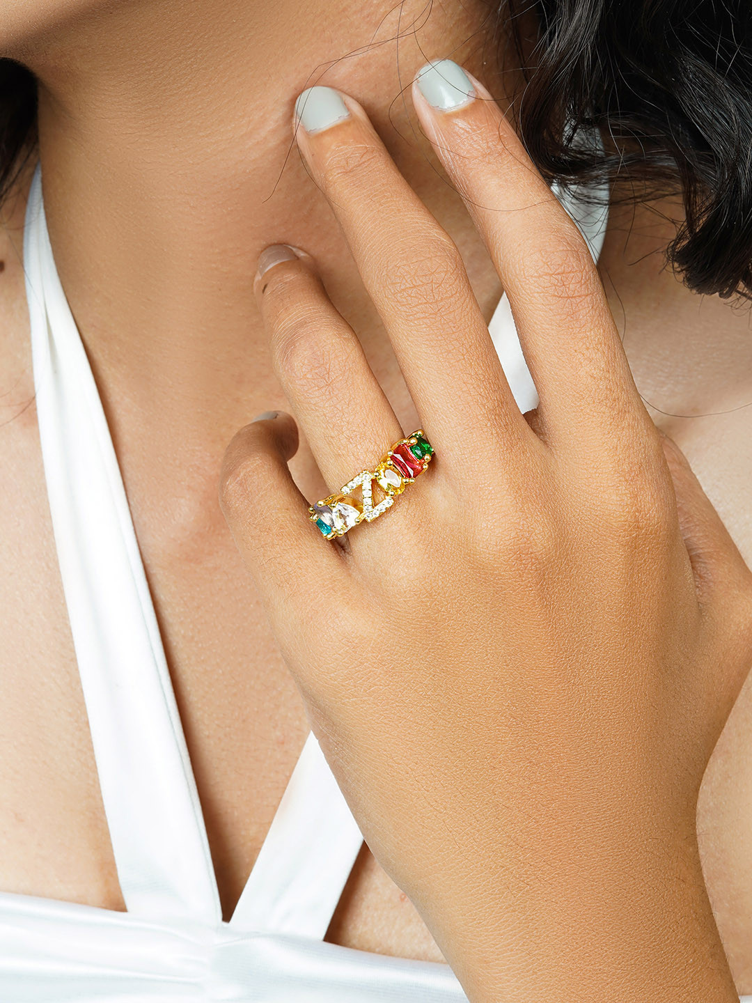 JOKER & WITCH Gold-Plated & Multi-Colored Stone Studded Adjustable Alphabet Z Ring