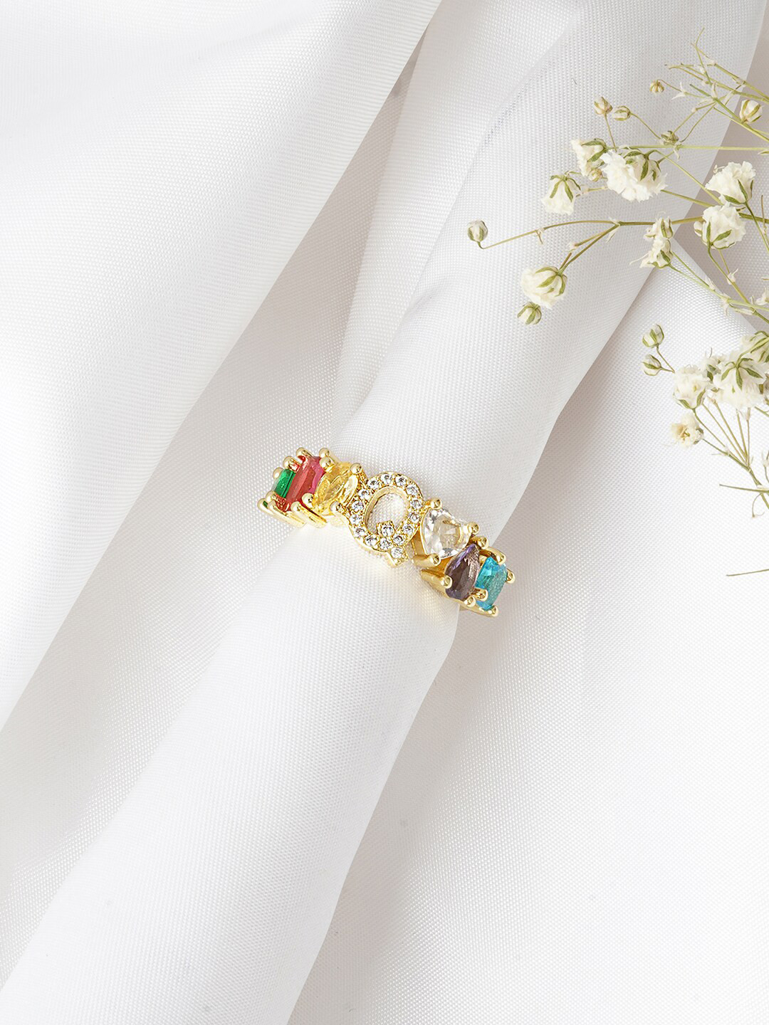 JOKER & WITCH Multicolor Rhinestone Studded Alphabet Q Adjustable Finger Ring