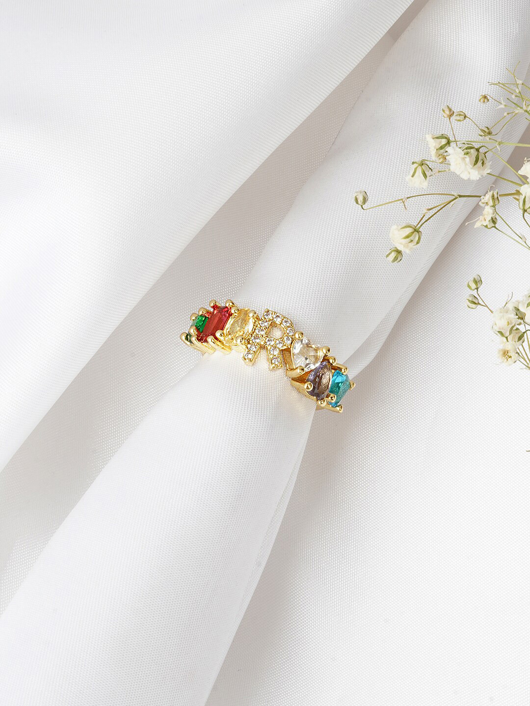 JOKER & WITCH Gold-Toned & White Stone Studded Adjustable Alphabet R Ring