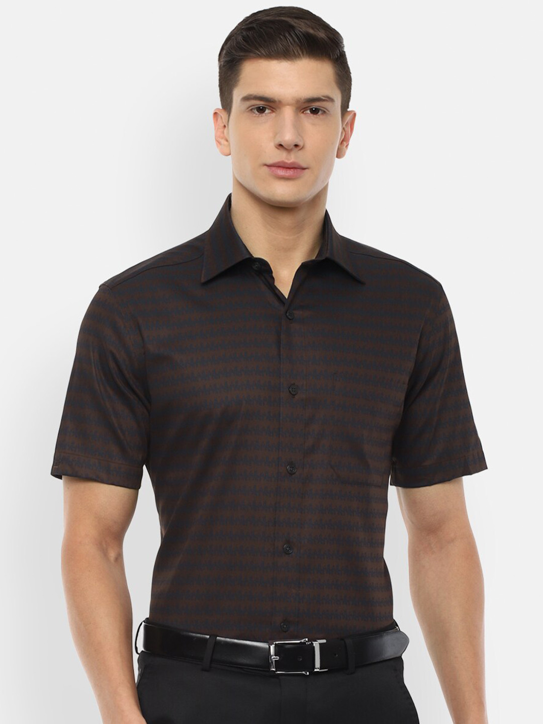 Louis Philippe Men Maroon Self Design Cotton Formal Shirt