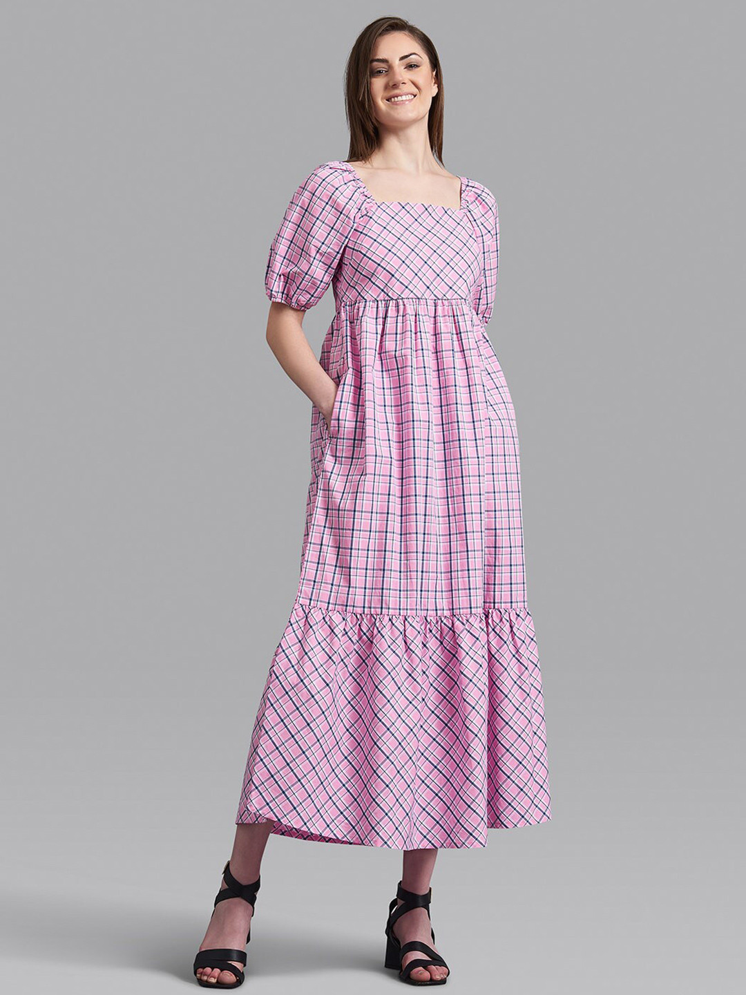 Beverly Hills Polo Club Pink Checked A-Line Cotton Midi Dress