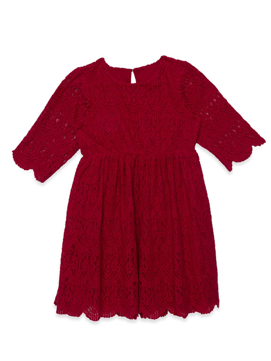 Hoop Hippo Girls Red Self Design Organic Cotton Scalloped Fit & Flare Dress