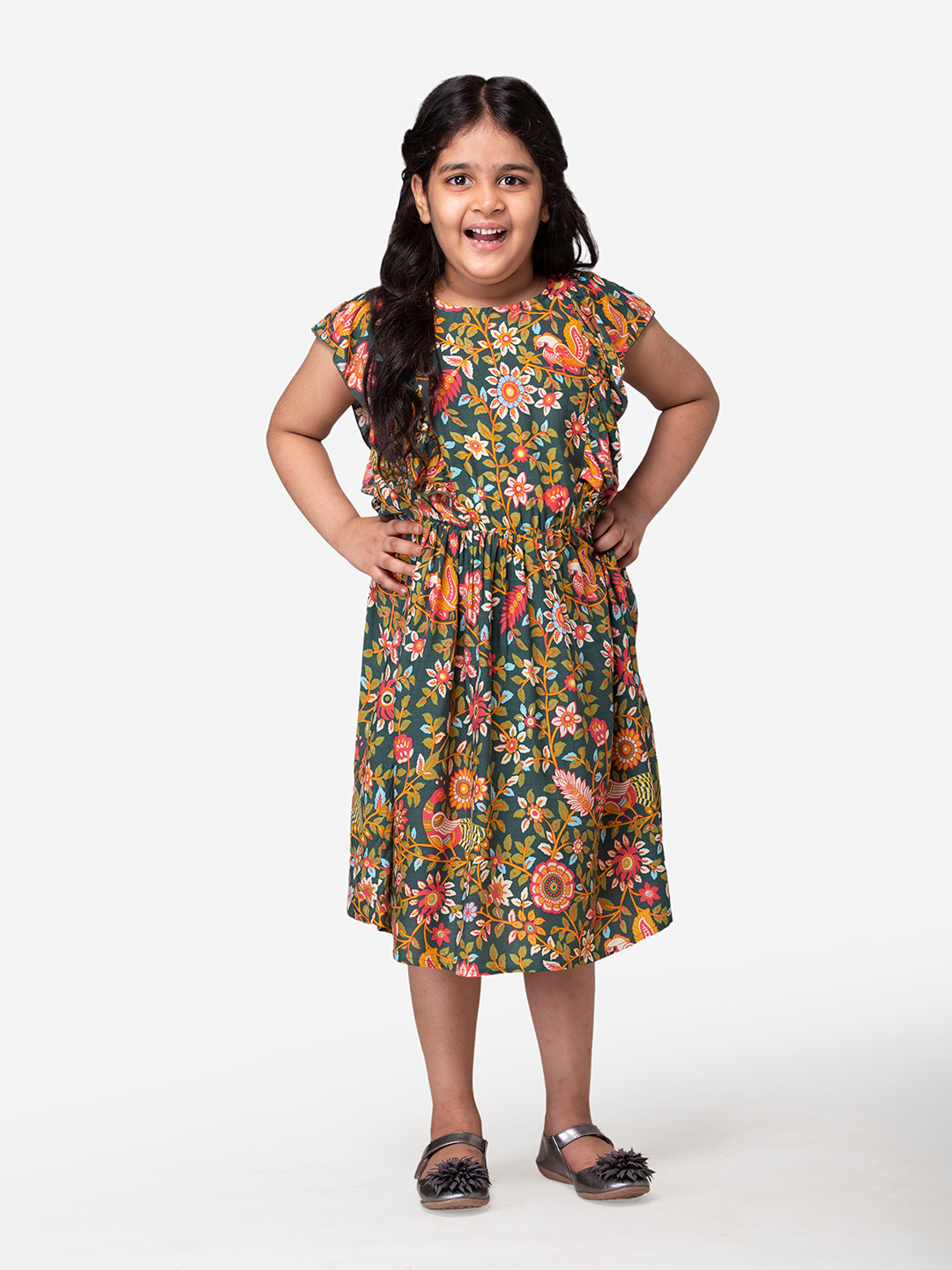 Hoop Hippo Green & Pink Ethnic Motifs Ruffled Dress