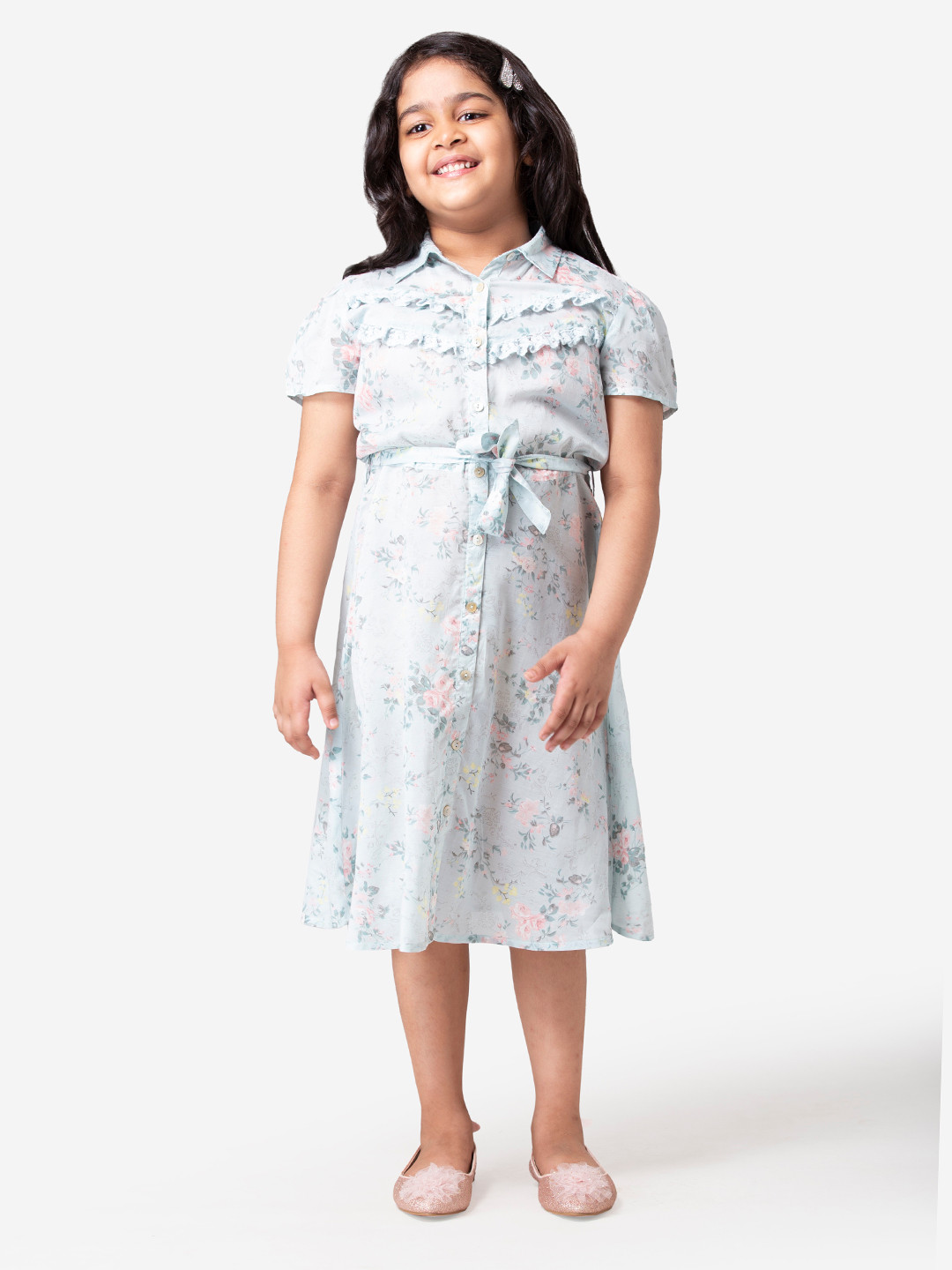 Hoop Hippo Girls Green Floral Printed Shirt Cotton Dress