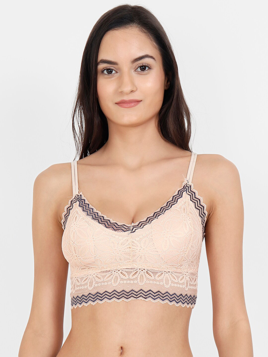 Lebami Beige & Navy Blue Floral Lace Bralette - Wireless Removable Padding