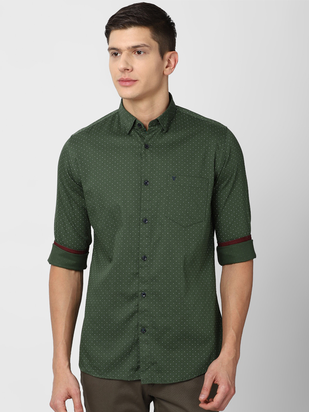 Van Heusen Sport Men Olive Green Micro Ditsy Printed Slim Fit Cotton Casual Shirt