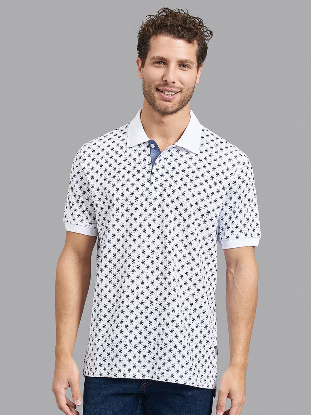 Beverly Hills Polo Club Men White & Navy Blue Sports Printed Polo Collar T-shirt