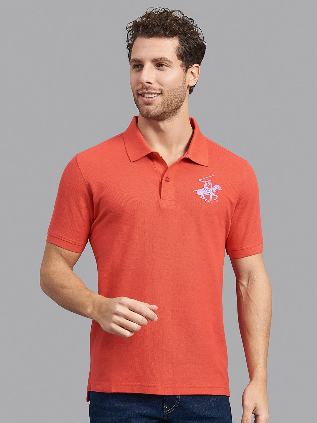 Beverly Hills Polo Club Men Coral Brand Logo Embroidered Polo Collar T-shirt