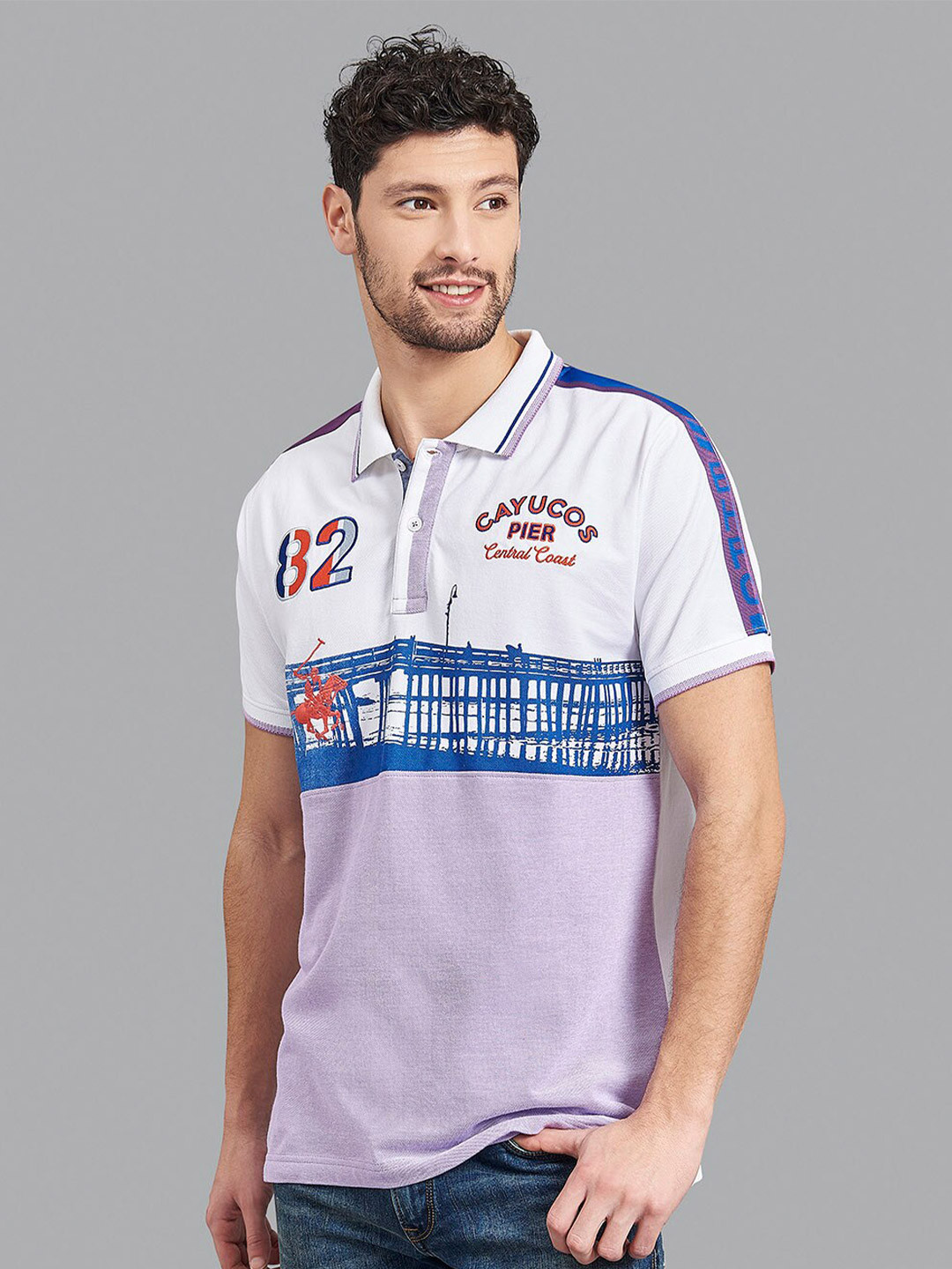 Beverly Hills Polo Club Men Purple & White Printed Polo Collar Applique Cotton T-shirt
