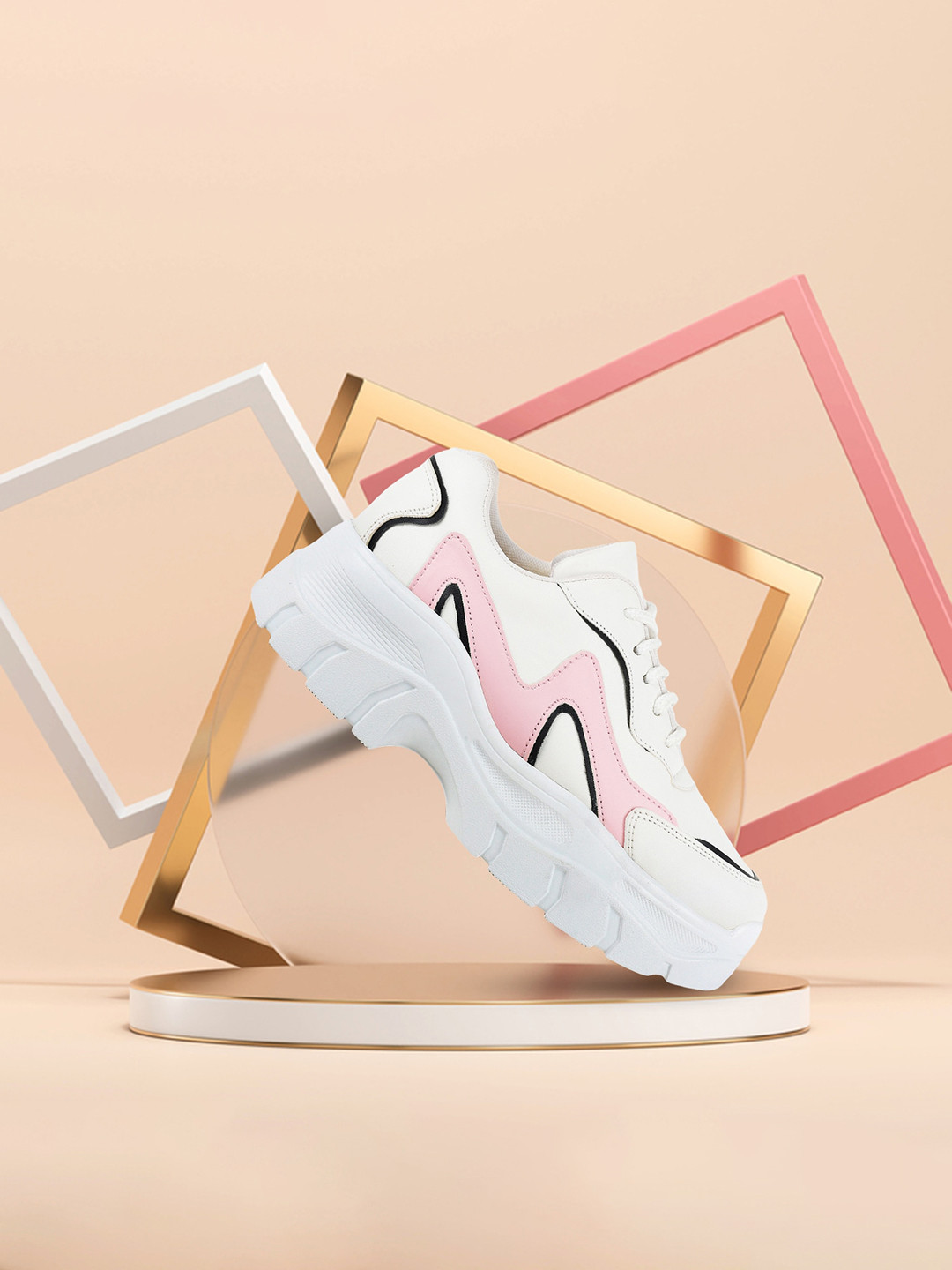 VENDOZ Women White & Pink Colourblocked Sneakers