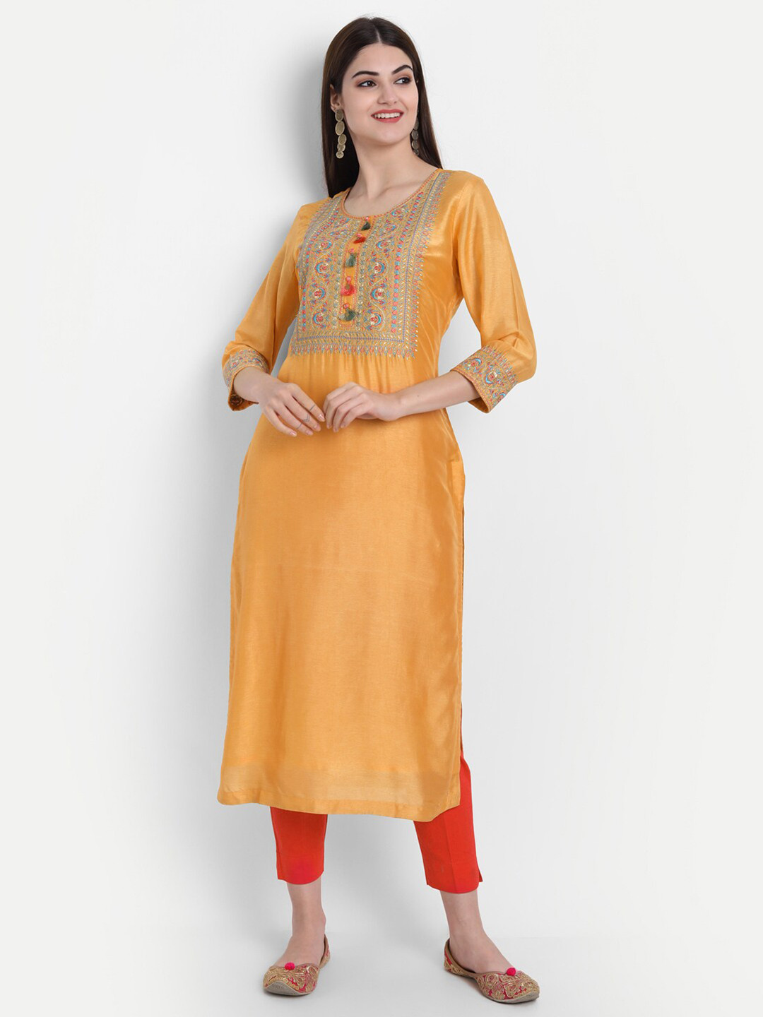 SUTI Mustard Yellow Ethnic Motifs Embroidered With Mirror Work Kurta