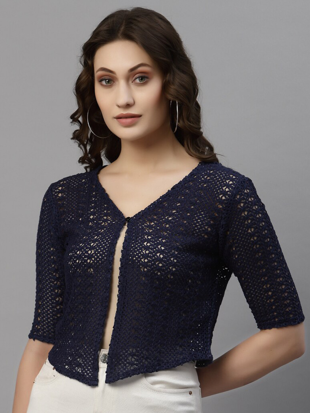 Style Quotient Women Navy Blue Self Designed Shrug