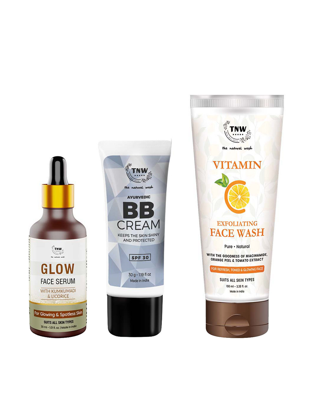 TNW the natural wash Set of  BB Cream Light + Glow Serum + Vitamin C Exfoliating Face Wash