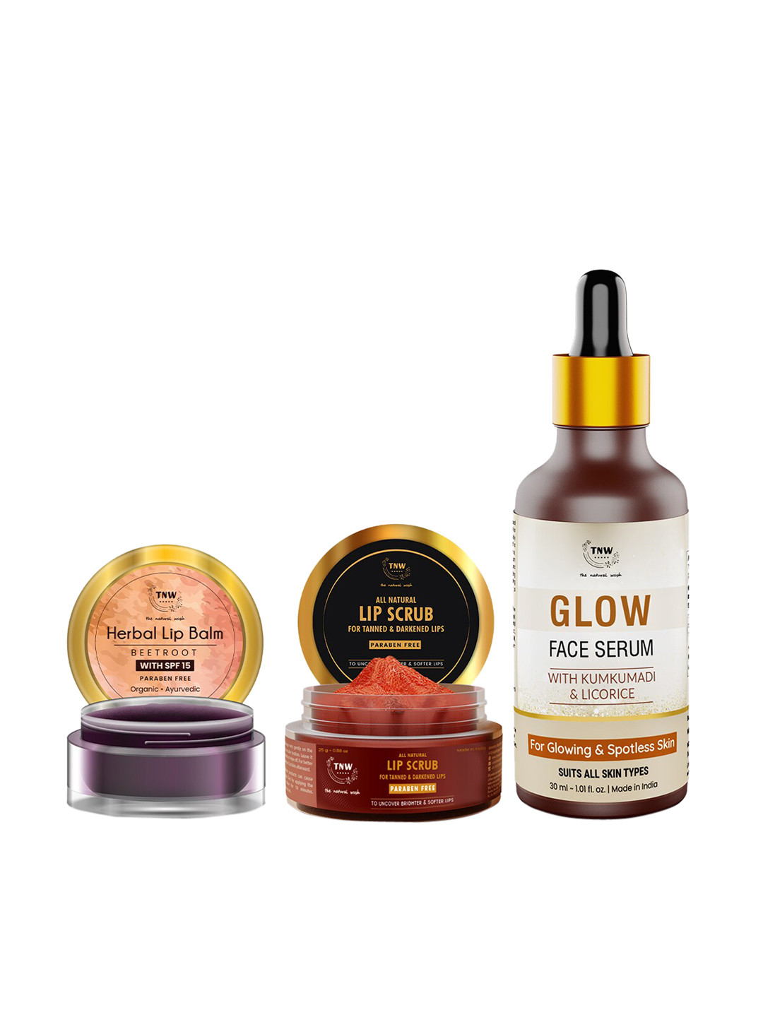 TNW the natural wash Set Of 3 Off White Beetroot Lip Balm 5gm & Lip Scrub 25g & Glow Face Serum 30ml