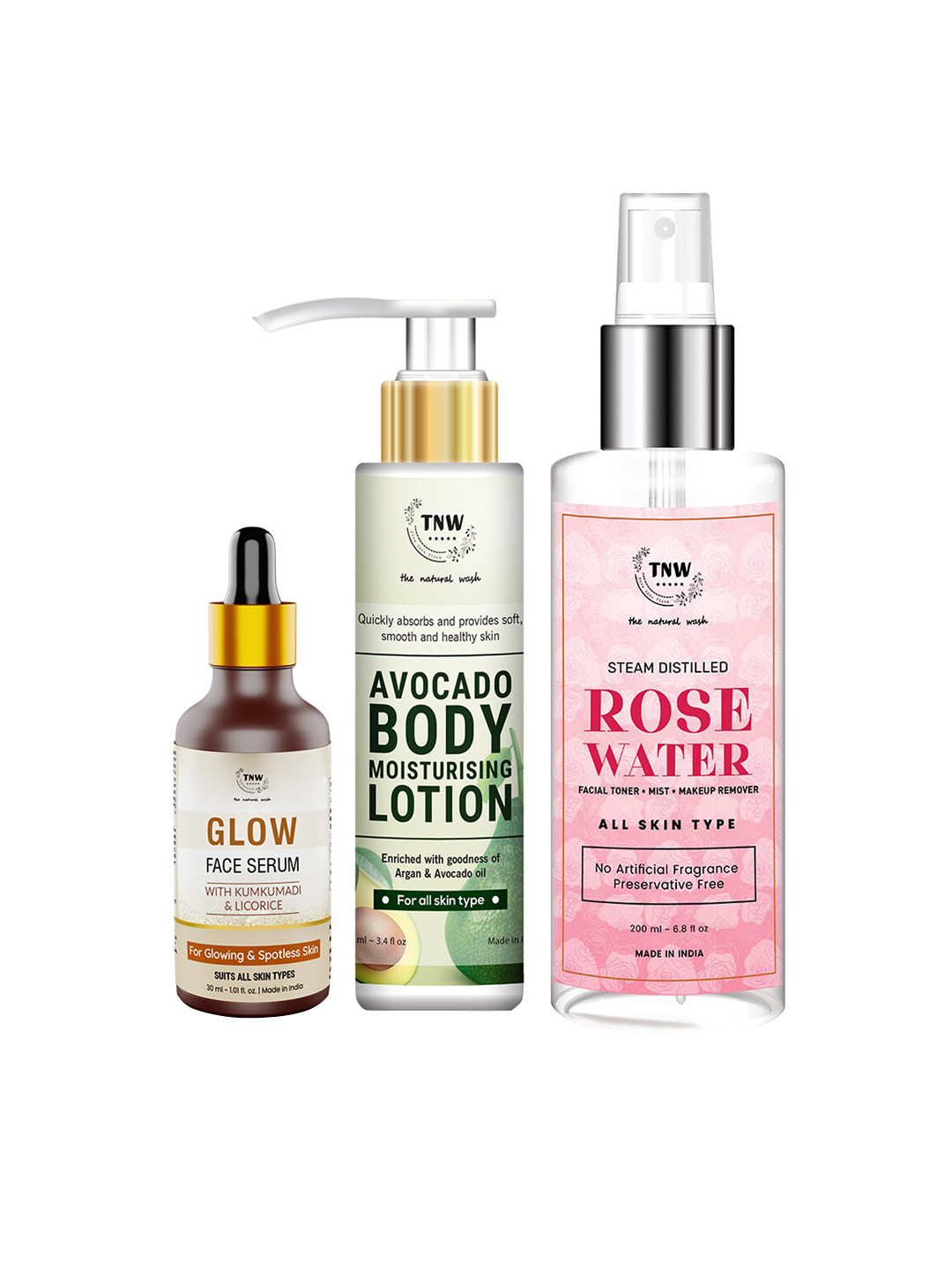 TNW the natural wash Set of 3 Body Lotion Avocado & Rose Water Spray Bottle & Glow Face Serum  330 ml