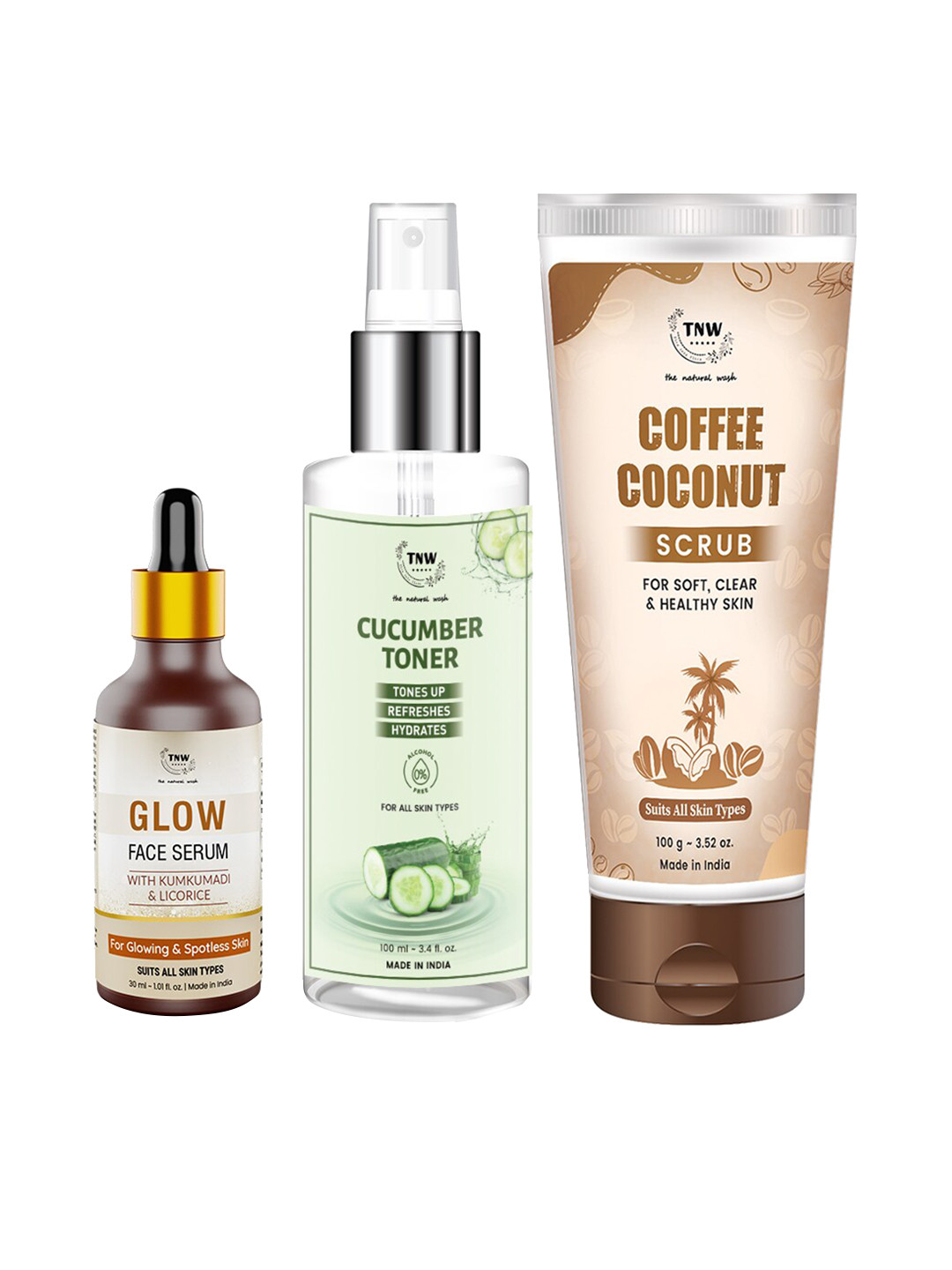 TNW the natural wash Set of Coffee Coconut Scrub-Glow Face Serum & Cucumber Toner