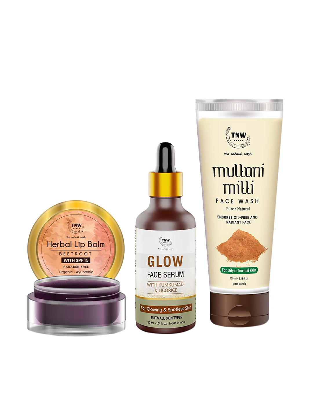 TNW the natural wash Set of Beetroot Lip Balm-Glow Face Serum-Multani Mitti Face Wash