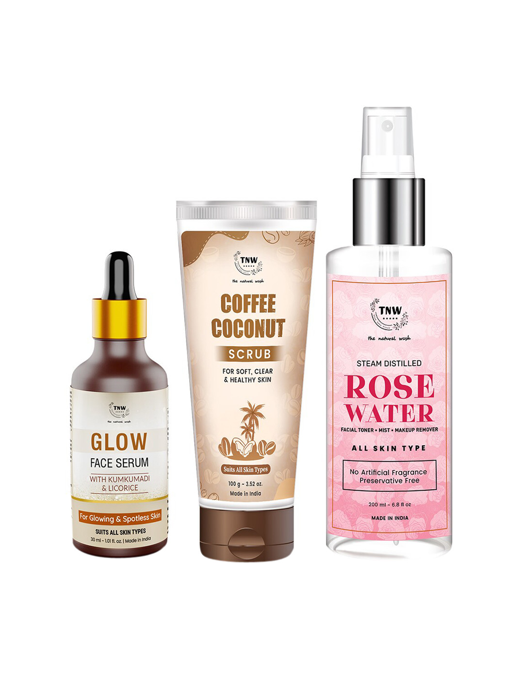 TNW the natural wash Coffee Coconut Scrub & Glow Face Serum & Rose Water Spray Bottle