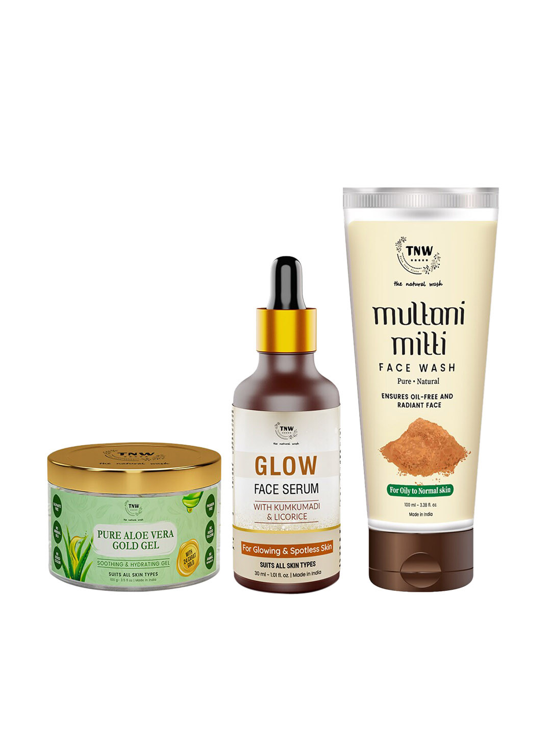 TNW the natural wash Set of Aloe Vera Gel-Glow Face Serum-Multani Mitti Face Wash