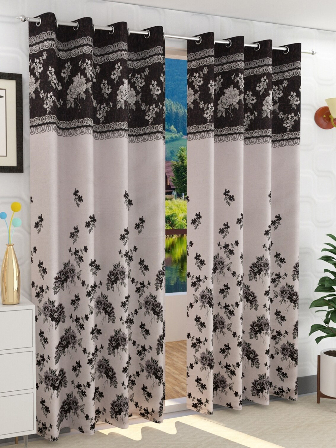 Fresh From Loom Set of 2 Coffee Brown & Grey Floral Room Darkening Long Door Curtains