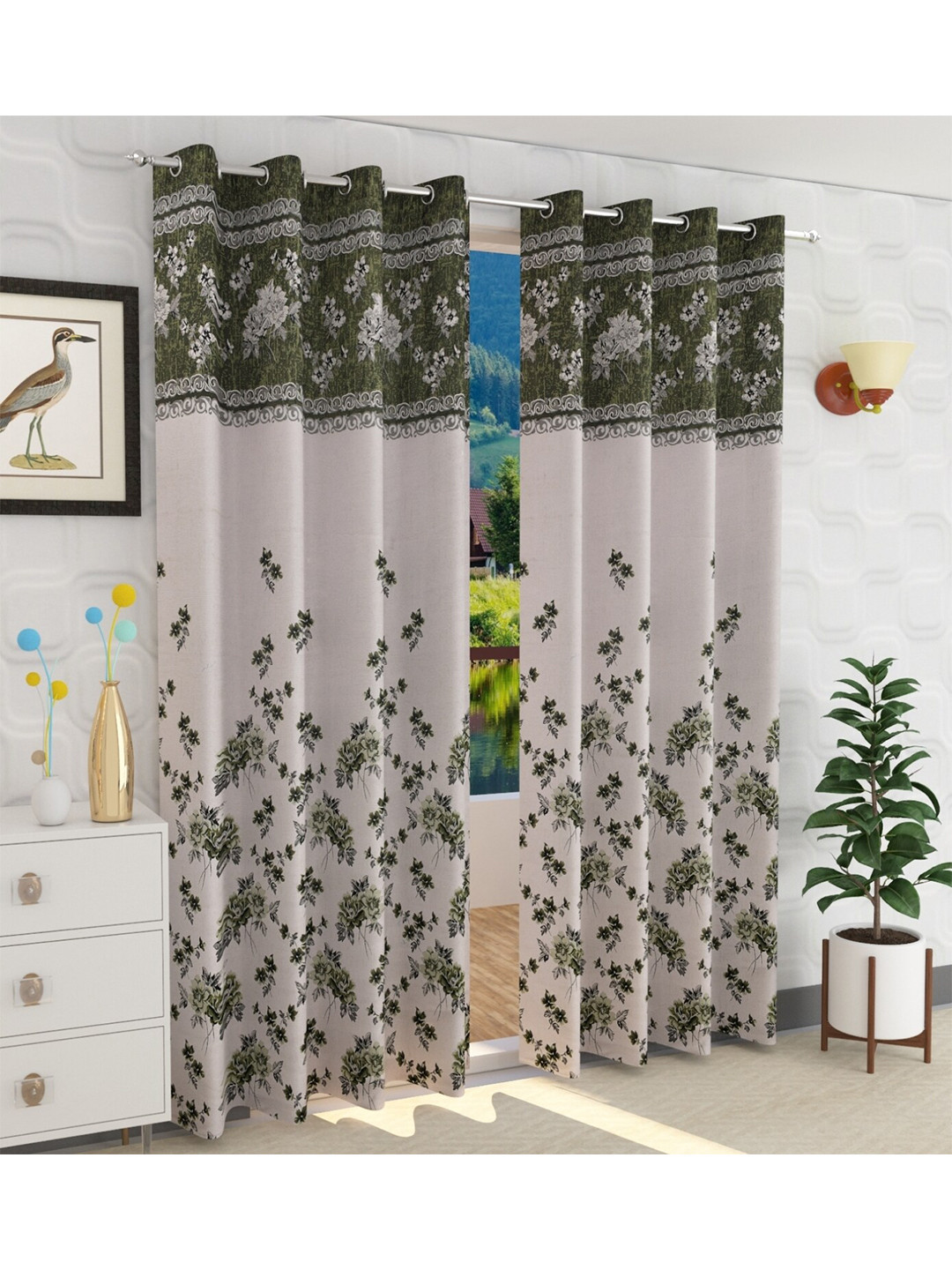 Fresh From Loom Green & Grey Set of 2 Floral Room Darkening Door Curtain