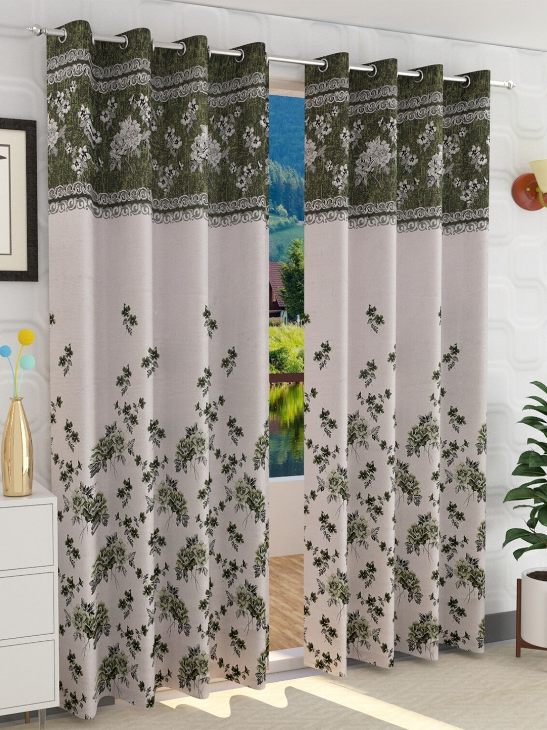 Fresh From Loom Green & White Set of 2 Floral Room Darkening Window Curtain