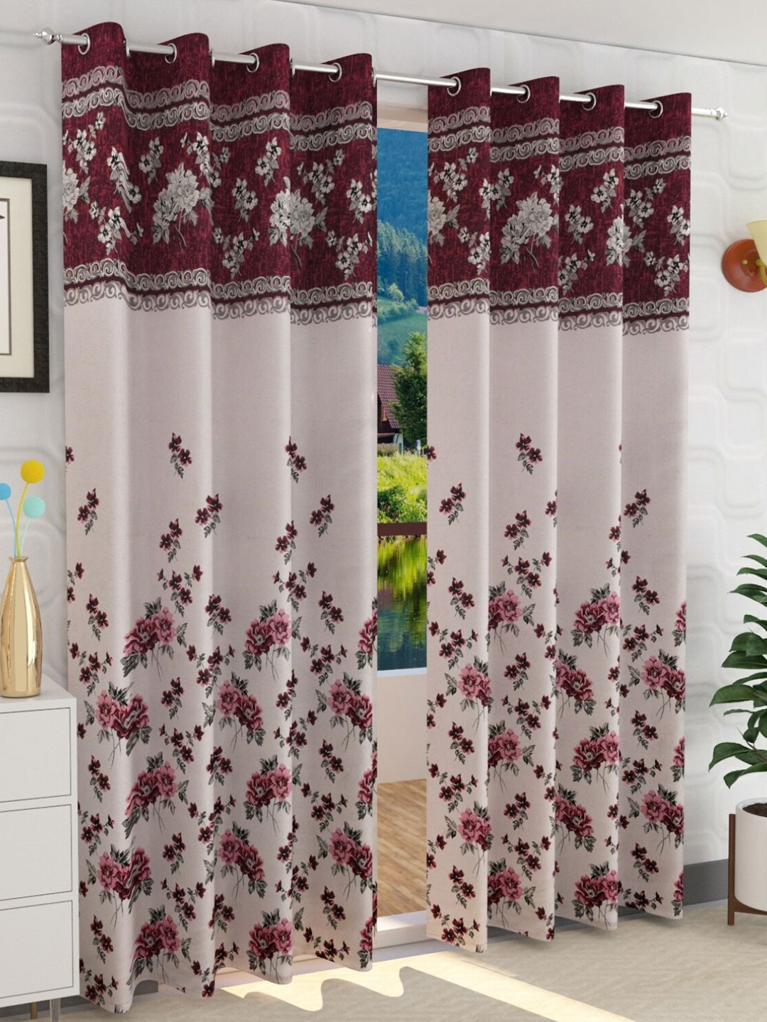 Fresh From Loom Maroon & Grey Set of 2 Floral Room Darkening Long Door Curtains
